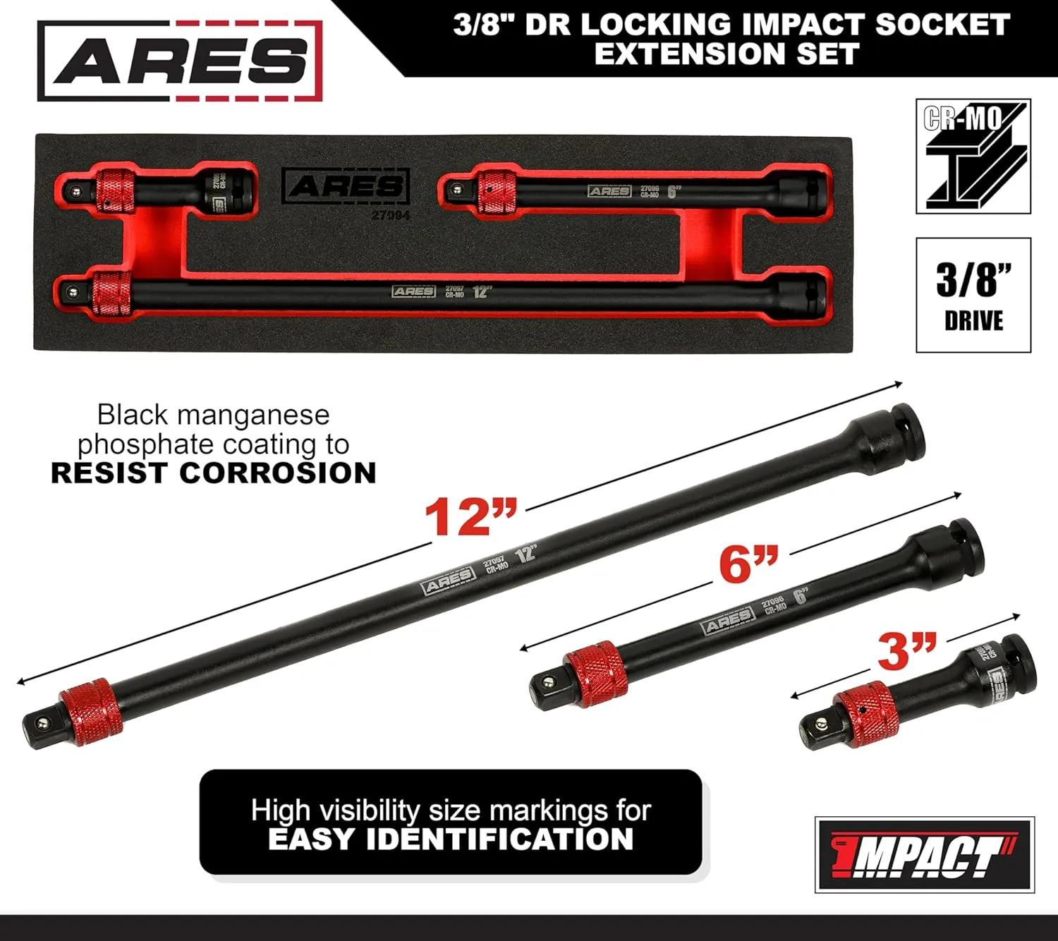 ARES 27094 – 3-Piece 3/8-Inch Drive Locking Impact Socket Extension Set – Aluminum Locking Ring Collar for Quick Release of Sockets and Accessories – 3-Inch, 6-Inch, and 12-Inch Extensions