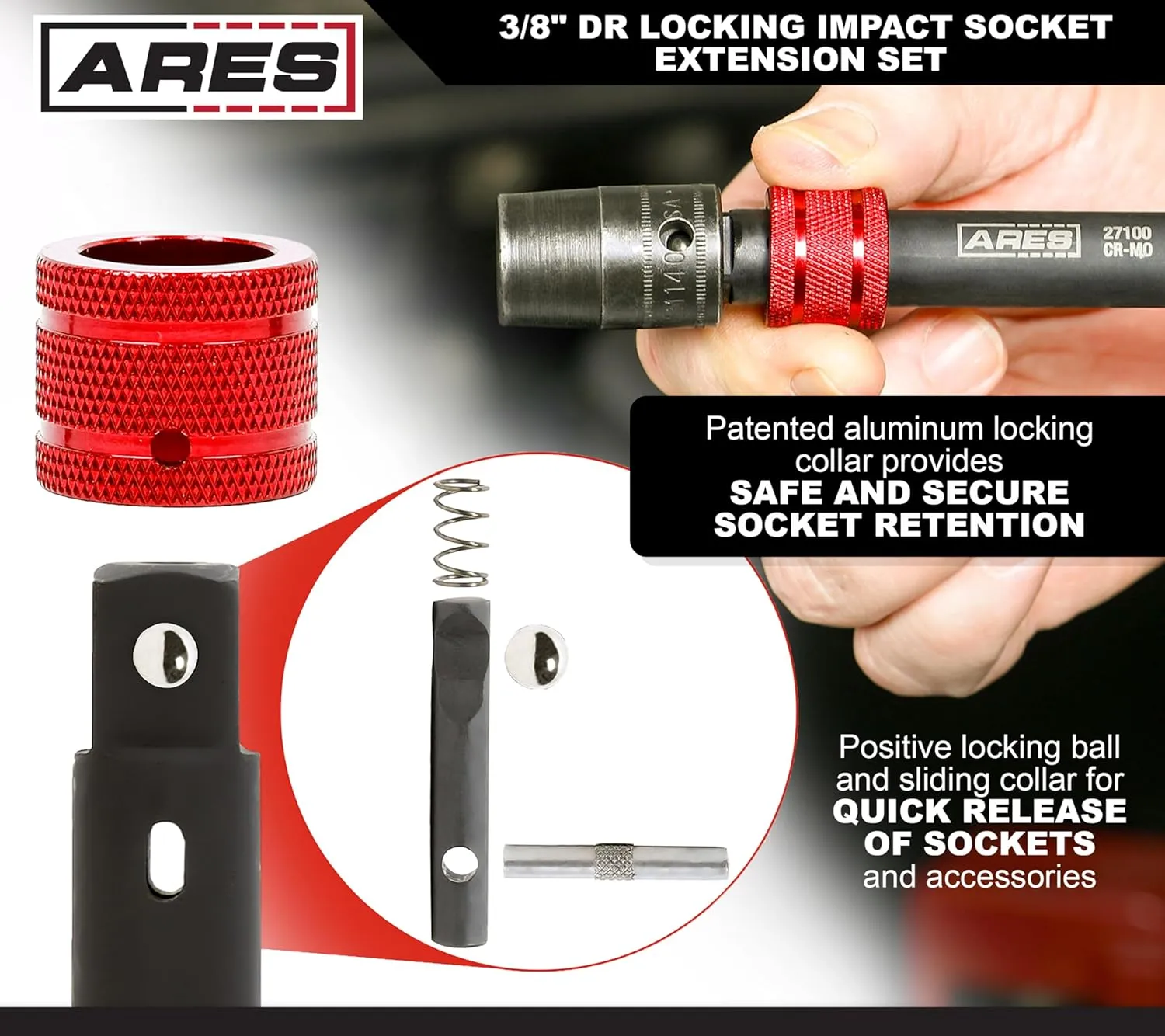ARES 27094 – 3-Piece 3/8-Inch Drive Locking Impact Socket Extension Set – Aluminum Locking Ring Collar for Quick Release of Sockets and Accessories – 3-Inch, 6-Inch, and 12-Inch Extensions