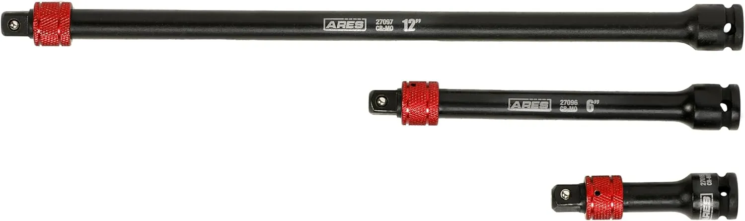 ARES 27094 – 3-Piece 3/8-Inch Drive Locking Impact Socket Extension Set – Aluminum Locking Ring Collar for Quick Release of Sockets and Accessories – 3-Inch, 6-Inch, and 12-Inch Extensions
