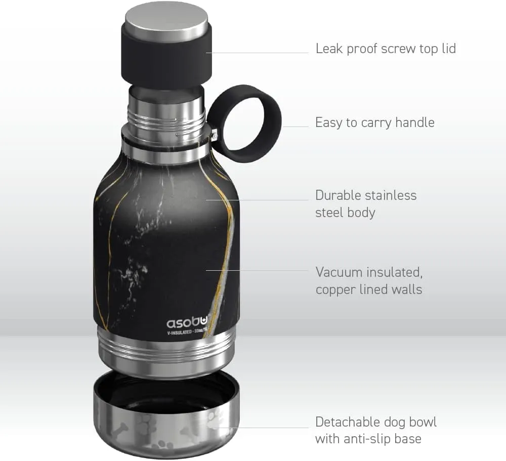 Asobu Dog Bowl Attached to Stainless Steel Insulated Travel Bottle for Human 37oz/1.1 Liter with Detachable Dog Bowl (Midnight Marble)…