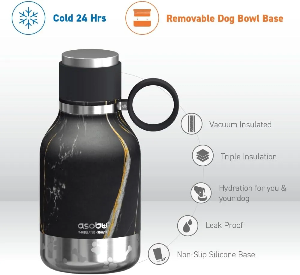 Asobu Dog Bowl Attached to Stainless Steel Insulated Travel Bottle for Human 37oz/1.1 Liter with Detachable Dog Bowl (Midnight Marble)…