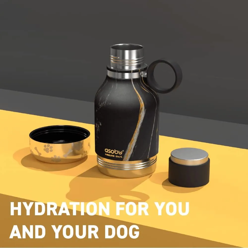 Asobu Dog Bowl Attached to Stainless Steel Insulated Travel Bottle for Human 37oz/1.1 Liter with Detachable Dog Bowl (Midnight Marble)…