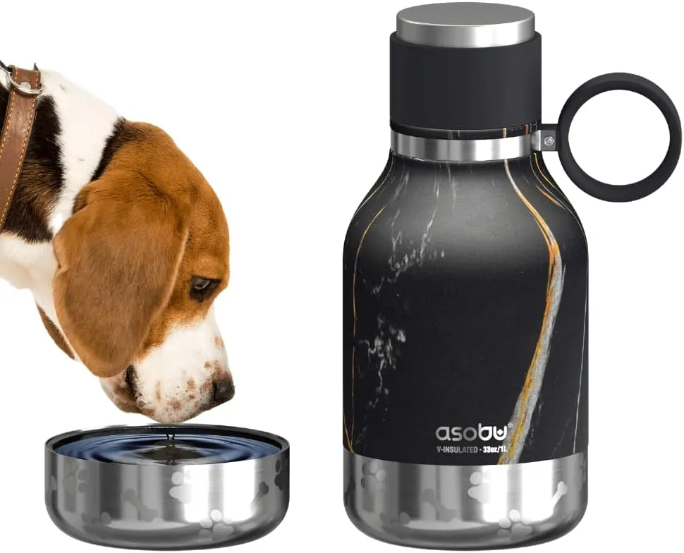 Asobu Dog Bowl Attached to Stainless Steel Insulated Travel Bottle for Human 37oz/1.1 Liter with Detachable Dog Bowl (Midnight Marble)…