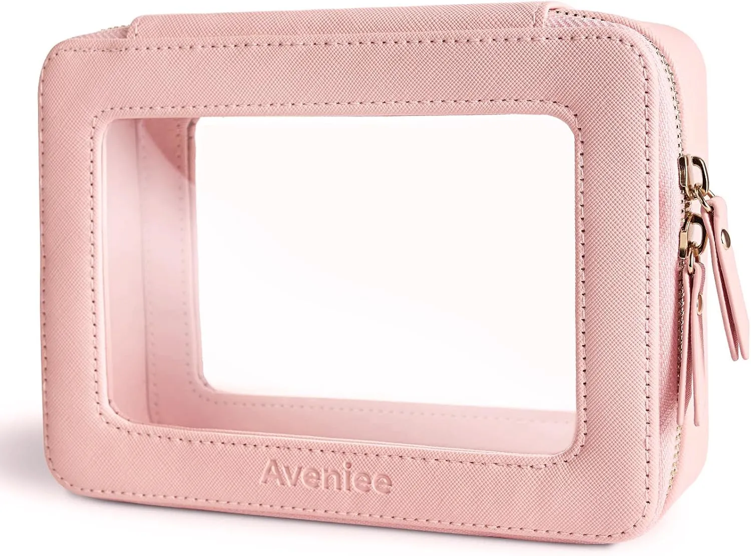 Aveniee Clear Makeup Bag Organizer, Portable Travel Toiletry Cosmetic Bag Case for Women, Heavy Duty Make Up Pouch with Transparent Vinyl Windows & Gold Zippers(Pink)