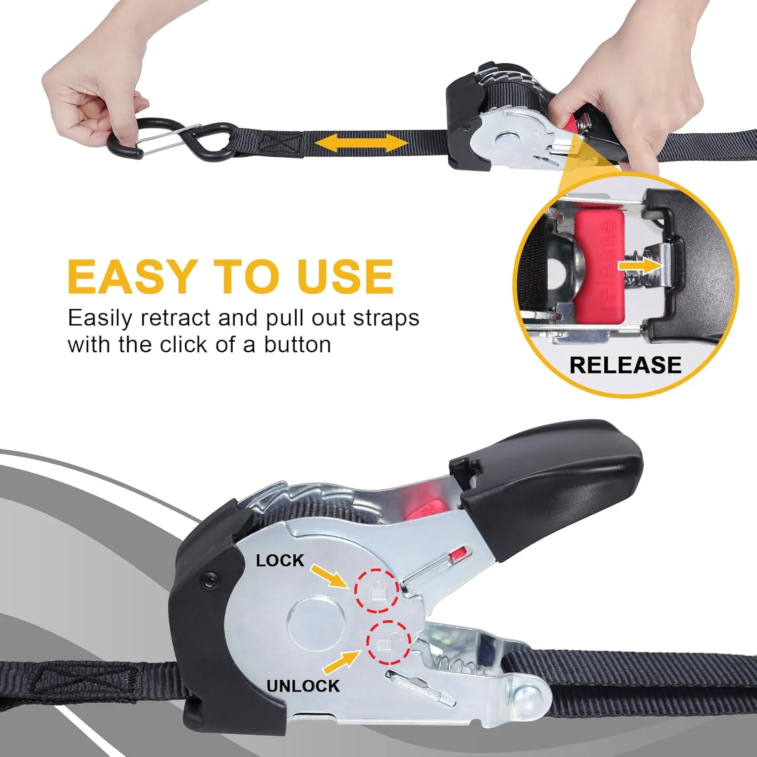 Ayaport Retractable Ratchet Straps Self Retractable Tie Down Straps 1200Lb Break Strength Heavy Duty 12ft for Motorcycle, Dirt Bike, Moving Cargo, Car, Truck Accessories (2, 1" x12')