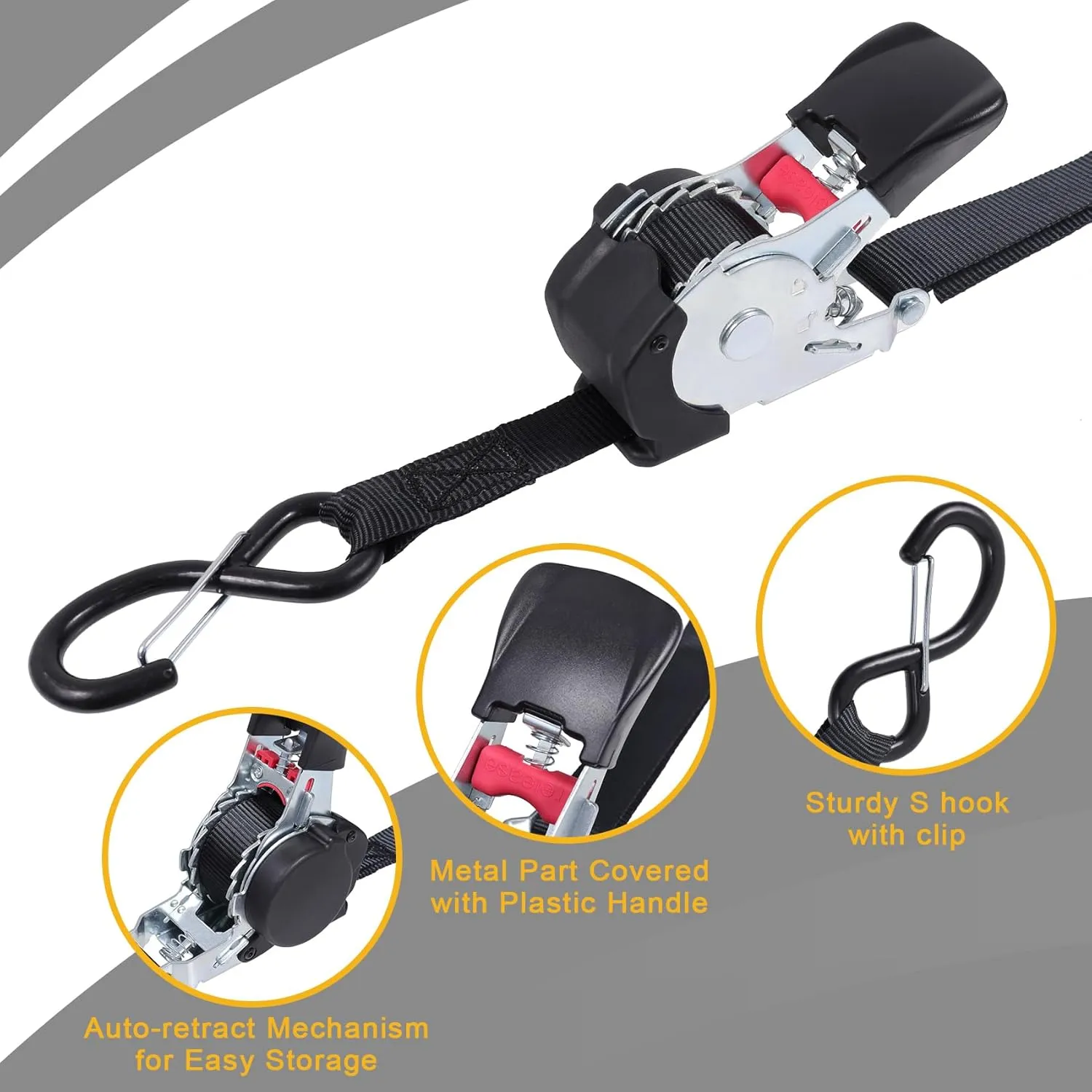 Ayaport Retractable Ratchet Straps Self Retractable Tie Down Straps 1200Lb Break Strength Heavy Duty 12ft for Motorcycle, Dirt Bike, Moving Cargo, Car, Truck Accessories (2, 1" x12')