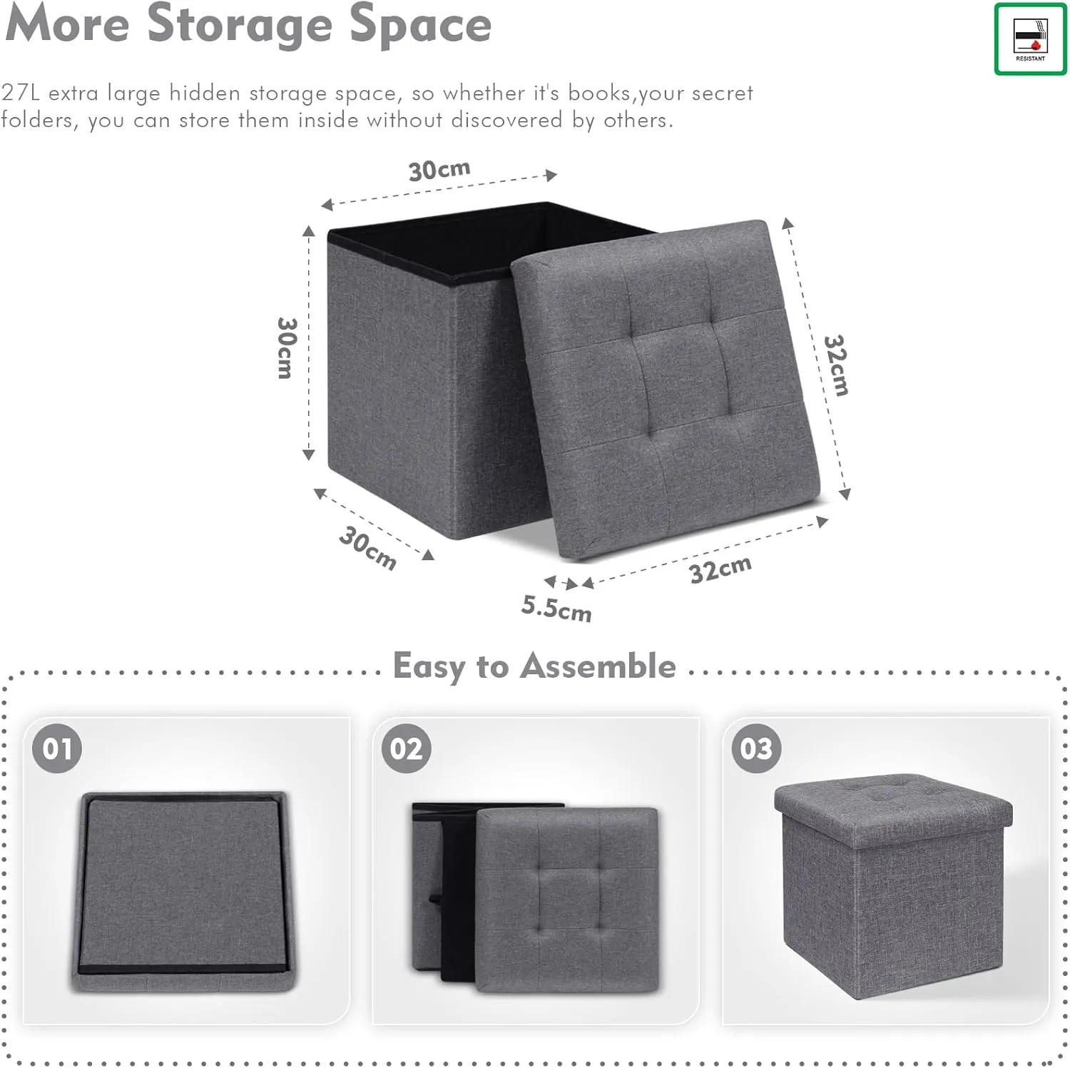 B FSOBEIIALEO Storage Ottoman Cube, Toy Chest Folding Footrest for Living Room Seat, 12.6"X12.6"X12.6" (Linen Grey)