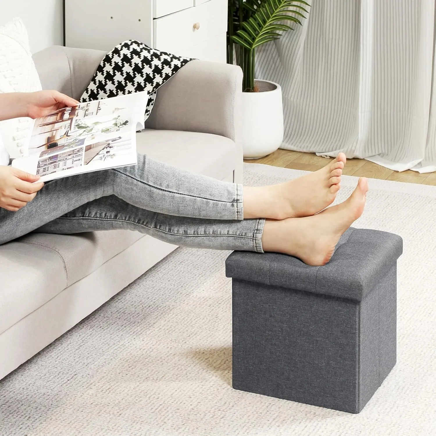 B FSOBEIIALEO Storage Ottoman Cube, Toy Chest Folding Footrest for Living Room Seat, 12.6"X12.6"X12.6" (Linen Grey)
