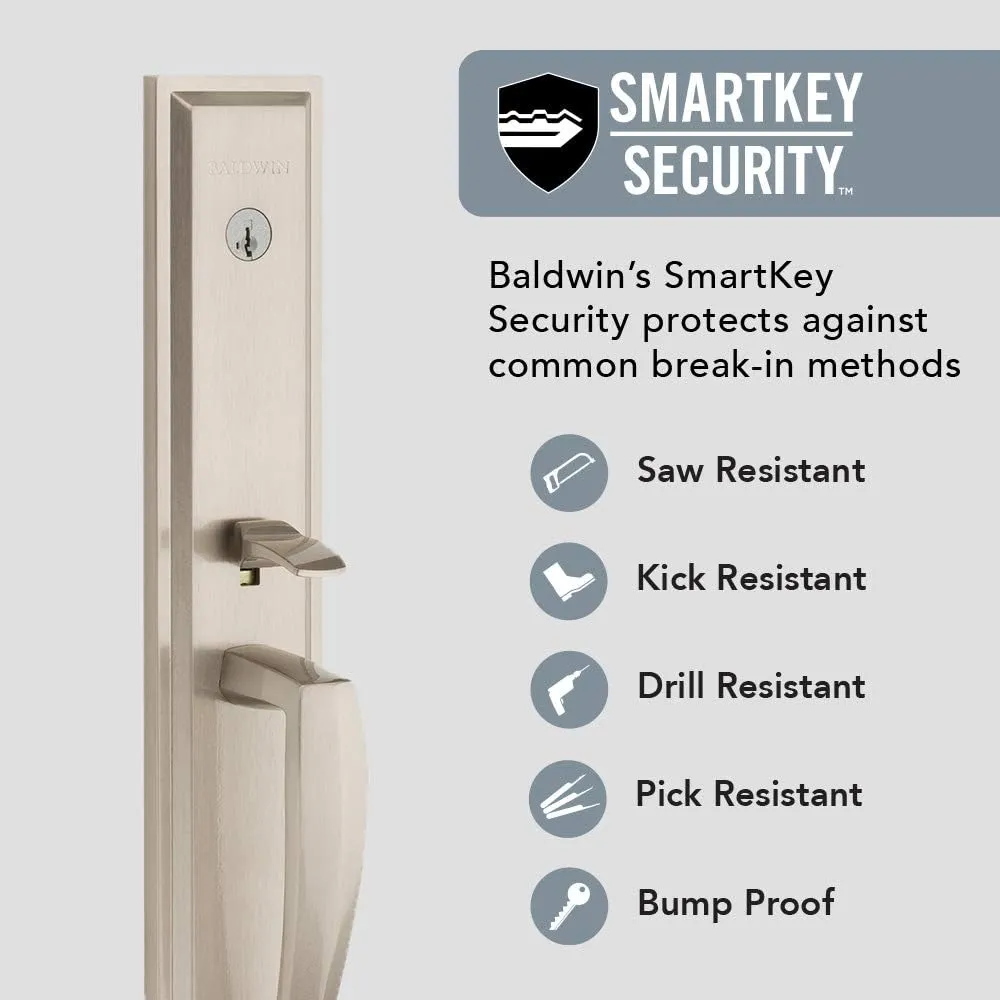 Baldwin Torrey Pines, Front Entry Handleset with Interior Lever, Featuring SmartKey Deadbolt Re-Key Technology and Microban Protection, in Satin Nickel, 20"L x 3.75"W