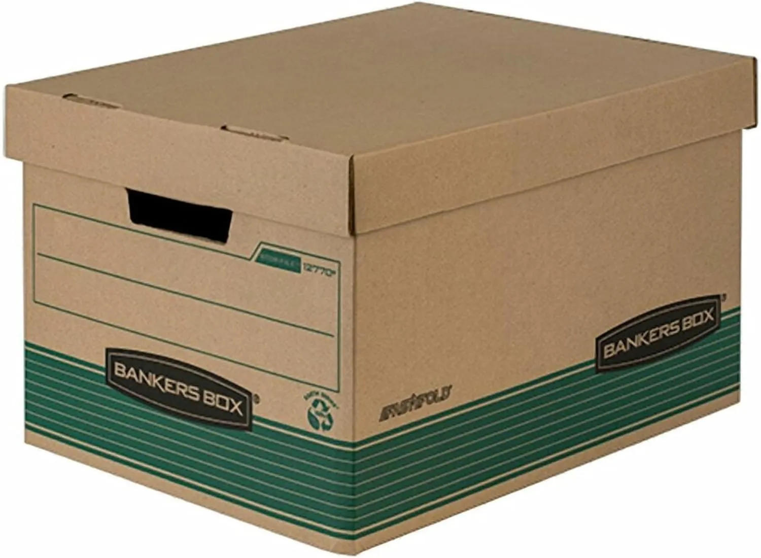 Bankers Box 12 Pack STOR/FILE Medium-Duty 100% Recycled File Storage Boxes, FastFold, Lift-Off Lid, Letter/Legal, Kraft/Green