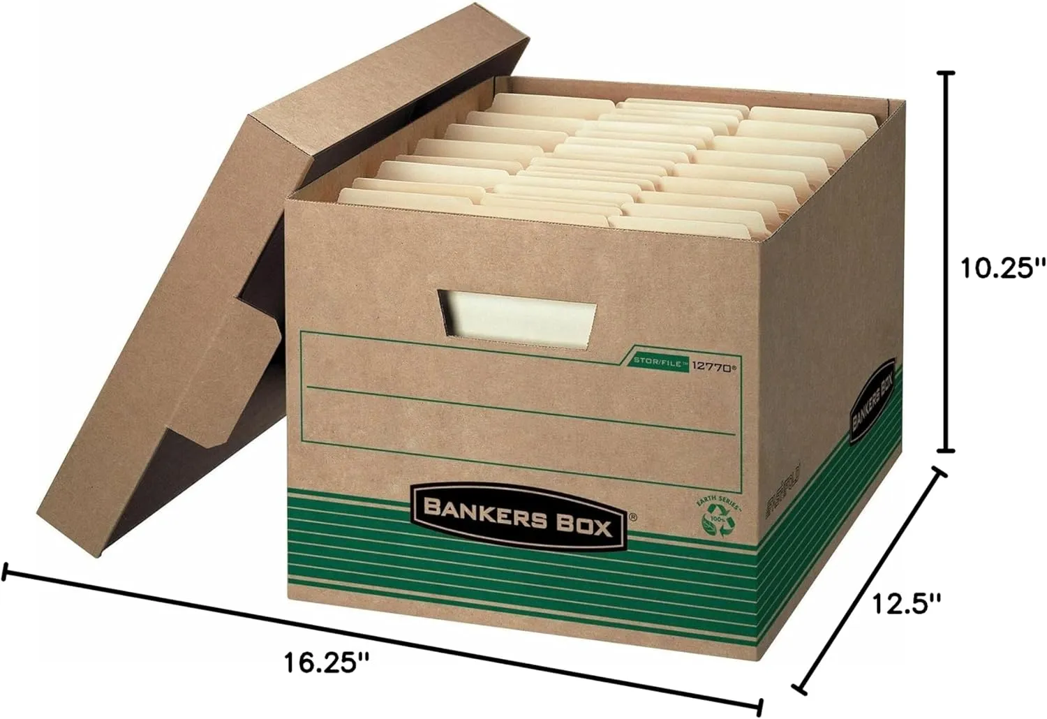 Bankers Box 12 Pack STOR/FILE Medium-Duty 100% Recycled File Storage Boxes, FastFold, Lift-Off Lid, Letter/Legal, Kraft/Green