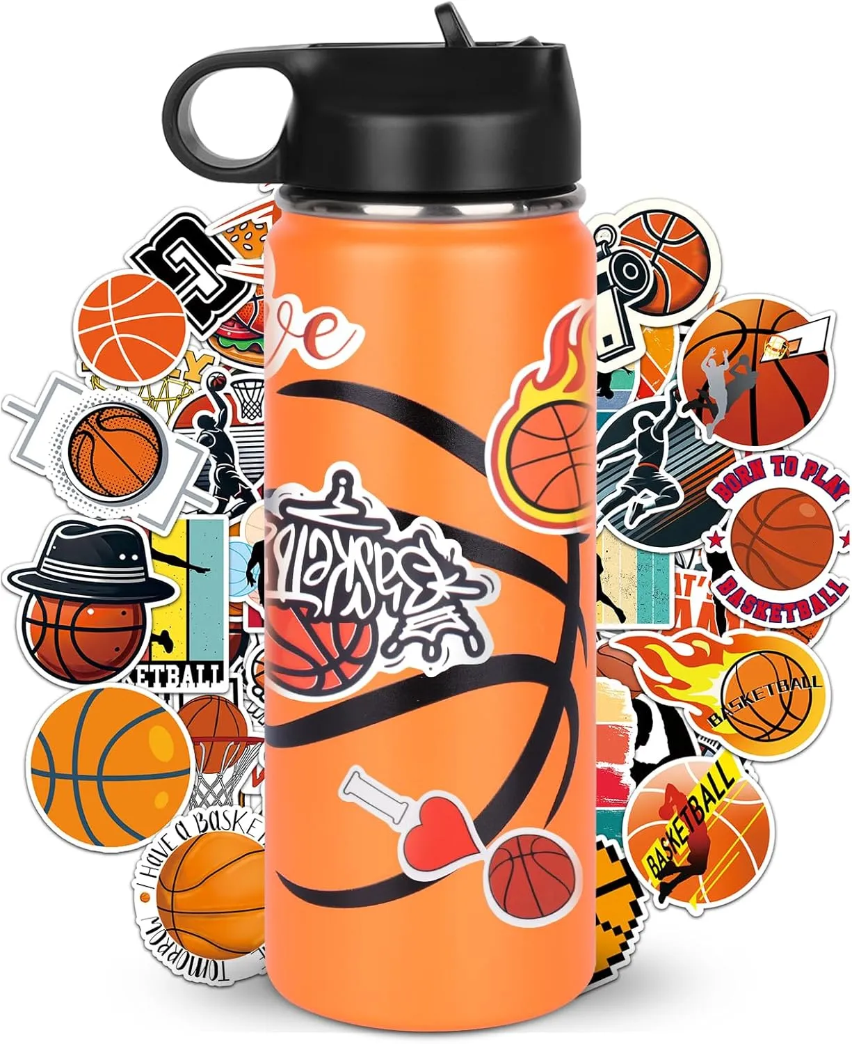 Basketball Water Bottles for Boys 18 oz and 100 PCS Stickers Personalized Stainless Steel Insulated Sports Water Bottle Basketball Accessories Stuff Gear Gifts For 8-12 12-14 Player