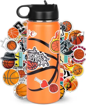 Basketball Water Bottles for Boys 18 oz and 100 PCS Stickers Personalized Stainless Steel Insulated Sports Water Bottle Basketball Accessories Stuff Gear Gifts For 8-12 12-14 Player