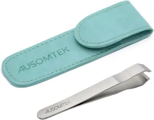 Beard Tweezers, Hair Plucking Tweezers, Fine Hair Removal Tweezers, Eyebrows Tool, Stainless Steel, 10mm Tip, Anti-Slip Slot Design, Cyan PU Case 1Pack