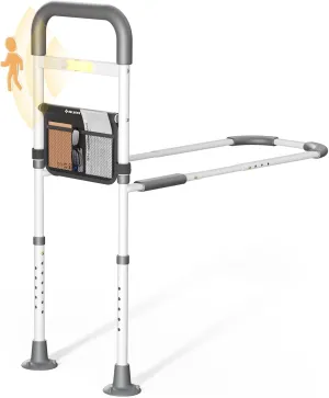 Bed Rails Elderly Adults Safety: Side Assist Grab Bar Handrails for Seniors with Motion Sensor LED Light Pouch - Adjustable Bed Cane Portable Handle Bedside Railing - Fits Twin Full Queen King Grey