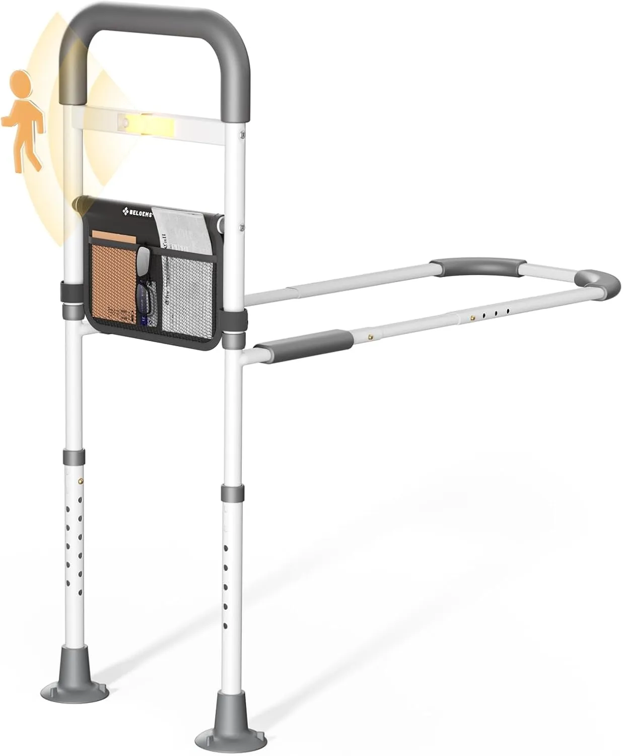 Bed Rails Elderly Adults Safety: Side Assist Grab Bar Handrails for Seniors with Motion Sensor LED Light Pouch - Adjustable Bed Cane Portable Handle Bedside Railing - Fits Twin Full Queen King Grey