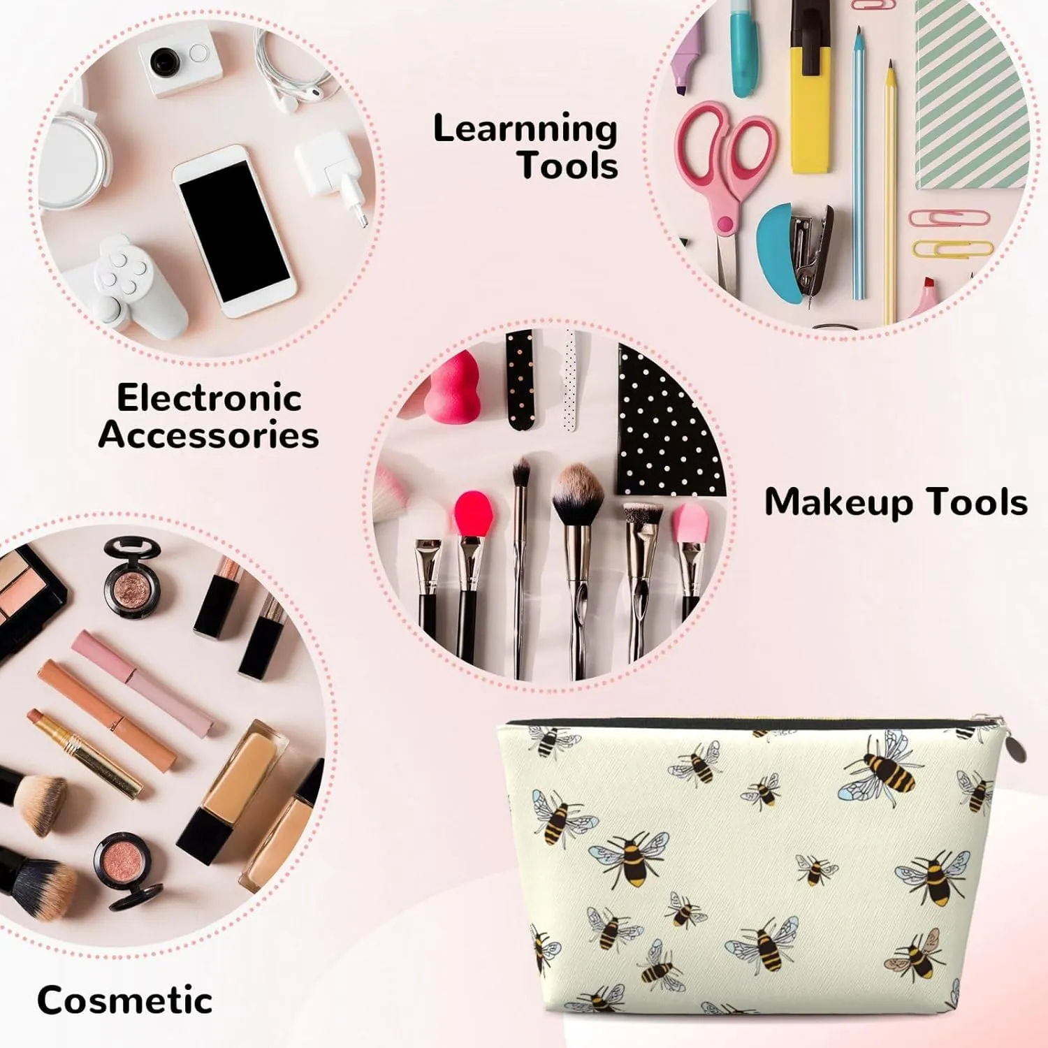Bees Pattern Cosmetic Bag Travel Makeup Bag Organizer Toiletry Bag with Zipper Storage Pouch Coin Purse Brushes for Women Girls Gifts