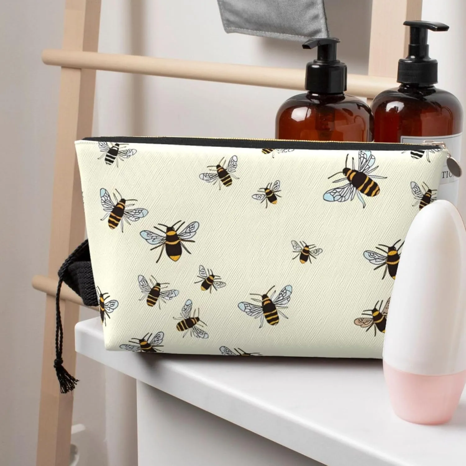 Bees Pattern Cosmetic Bag Travel Makeup Bag Organizer Toiletry Bag with Zipper Storage Pouch Coin Purse Brushes for Women Girls Gifts