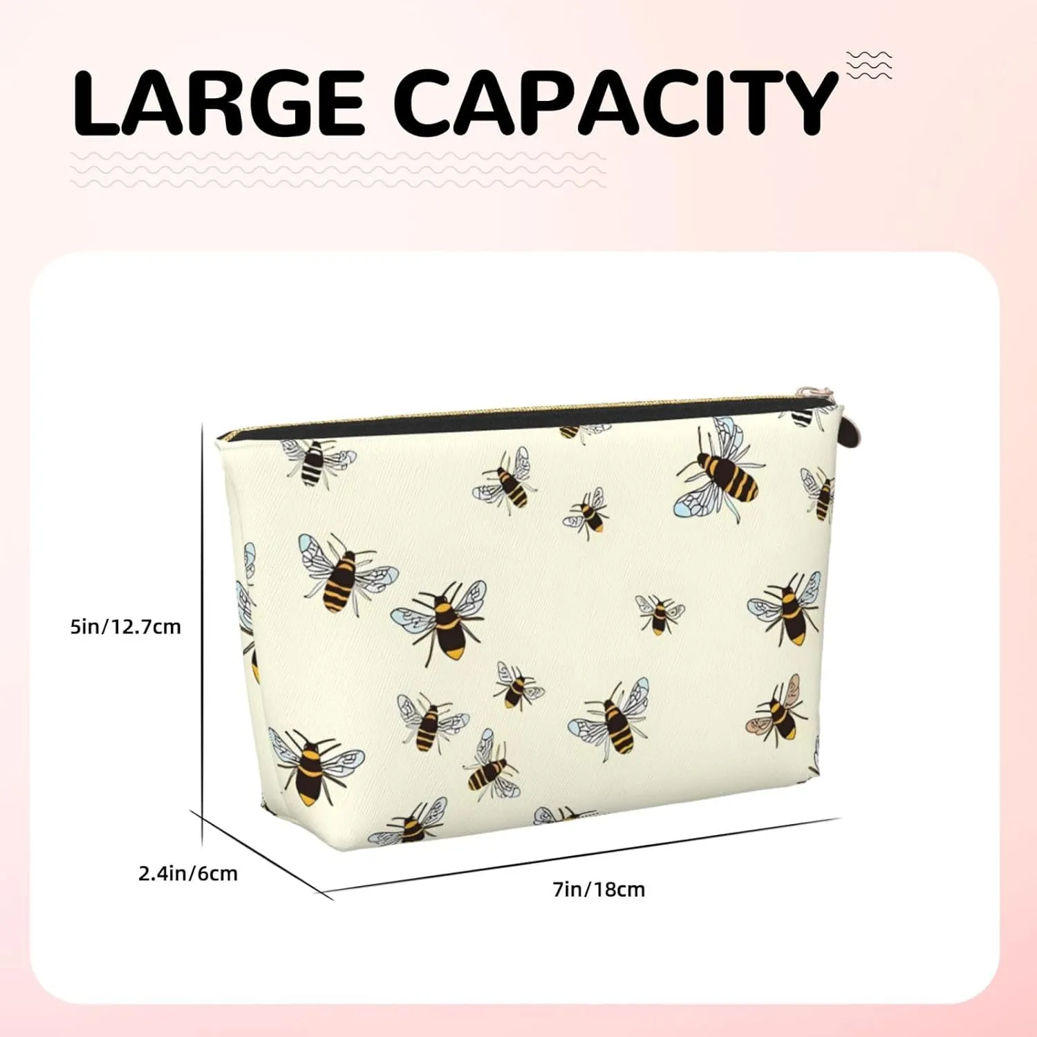 Bees Pattern Cosmetic Bag Travel Makeup Bag Organizer Toiletry Bag with Zipper Storage Pouch Coin Purse Brushes for Women Girls Gifts