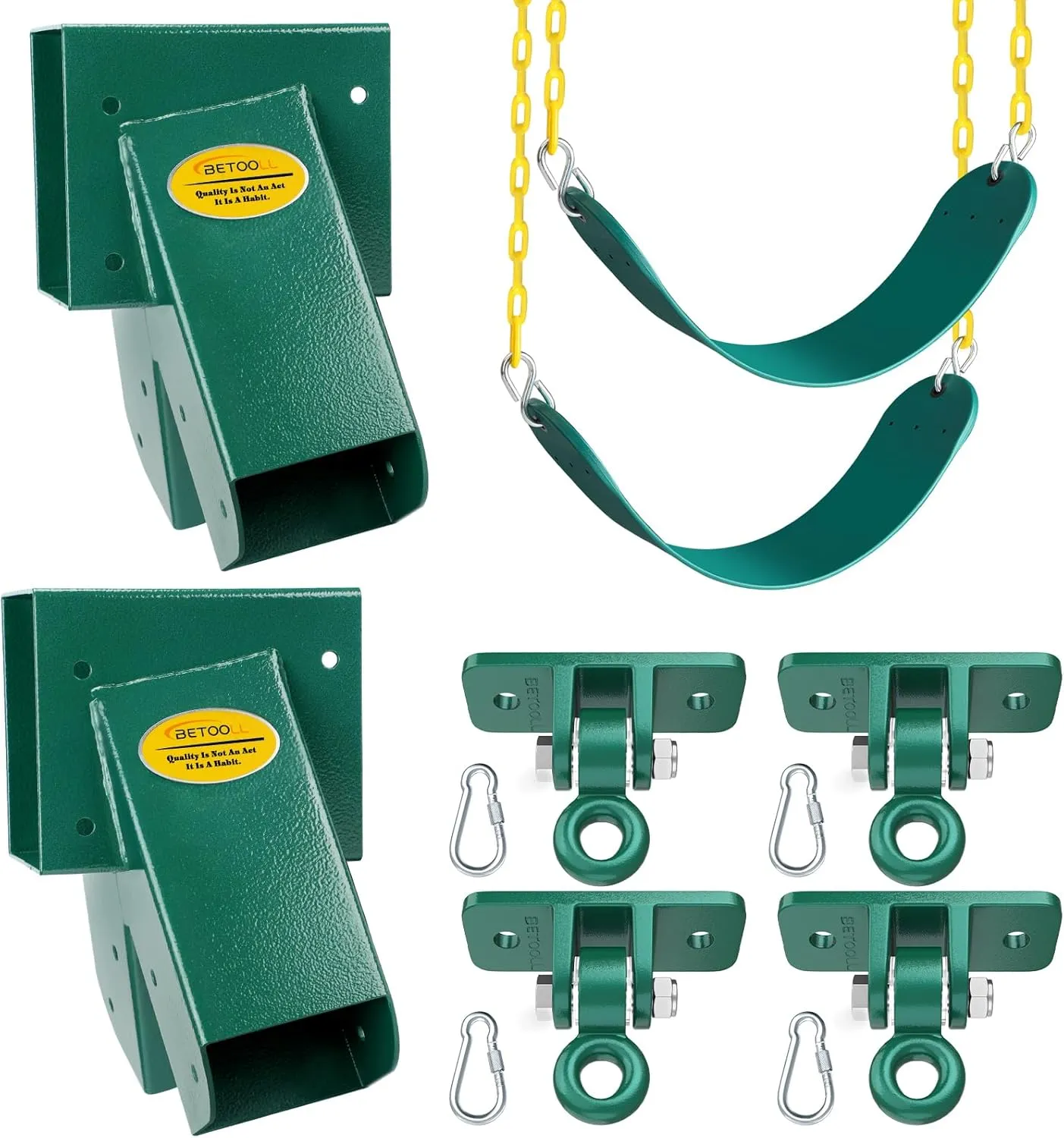 BETOOLL Swing Sets Brackets - 2 A-Frame Swing Set Brackets 4 Swing Hangers and 2 Swing Seats with All Mounting Heavy Duty Hardware Included - Swing Set Kit for Porch, Yard, Playground - Green