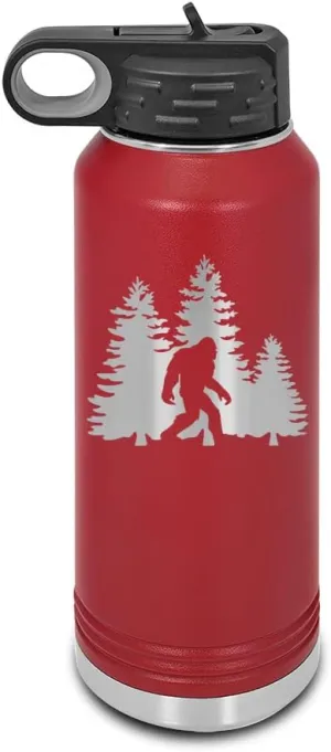 Bigfoot Trees Forest Laser Engraved Water Bottle Customizable Polar Camel Stainless Steel with Straw - sasquatch missing link big foot outdoors camping explore Maroon 32 oz