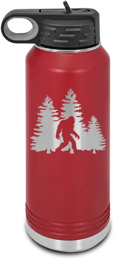 Bigfoot Trees Forest Laser Engraved Water Bottle Customizable Polar Camel Stainless Steel with Straw - sasquatch missing link big foot outdoors camping explore Maroon 32 oz