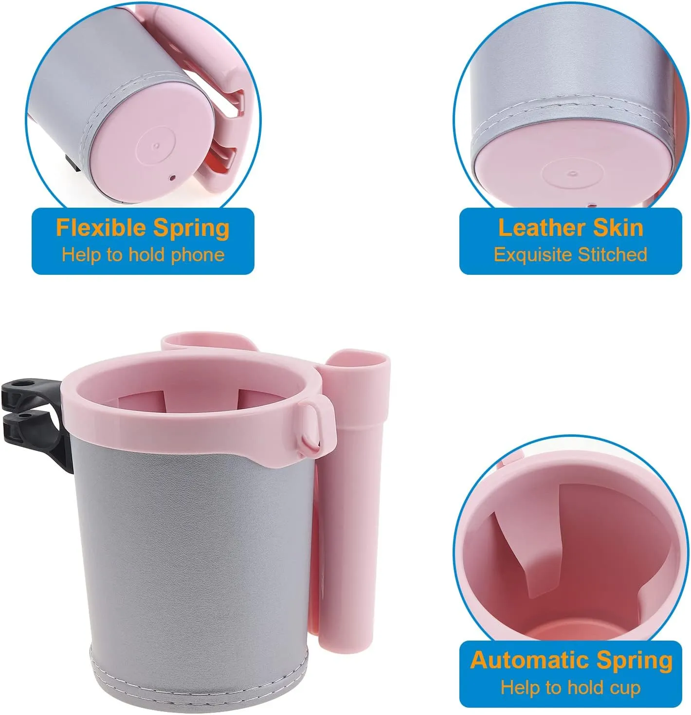 Bike Cup Holder Bike Water Bottle Holder Handlebar with Cell Phone Keys Bike Cup Holder Leather Bicycle Drink Beer Holder for Beach Cruiser Commuter Bike (Pink)