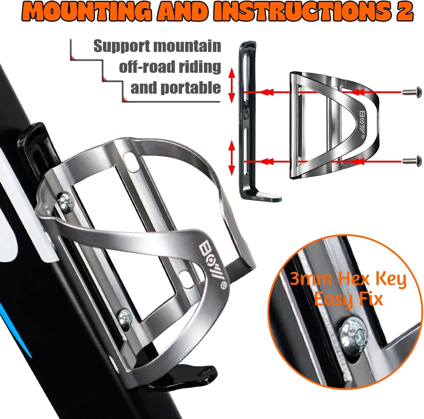 Bike Water Bottle Holder No Screws, Double Fix with Removable Velcro for Mountain Bottle Cage, 2 Pack Lightweight Aluminum Alloy Silver Bicycle Cup Cage Holder for Bicycle Accessories Portable