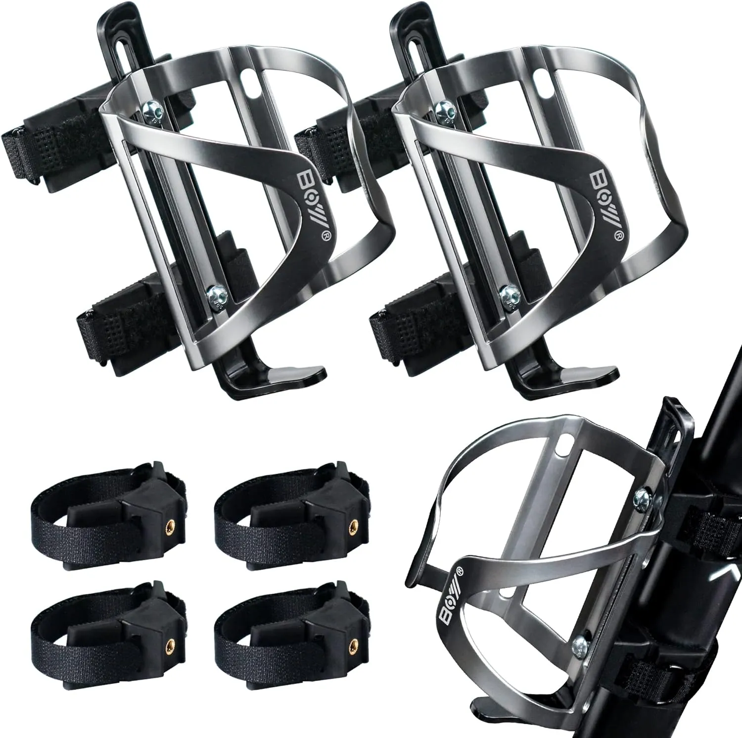 Bike Water Bottle Holder No Screws, Double Fix with Removable Velcro for Mountain Bottle Cage, 2 Pack Lightweight Aluminum Alloy Silver Bicycle Cup Cage Holder for Bicycle Accessories Portable