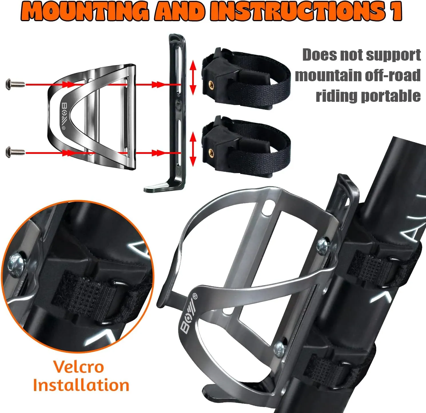 Bike Water Bottle Holder No Screws, Double Fix with Removable Velcro for Mountain Bottle Cage, 2 Pack Lightweight Aluminum Alloy Silver Bicycle Cup Cage Holder for Bicycle Accessories Portable