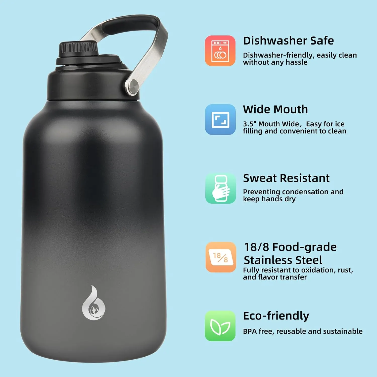 BJPKPK 1 Gallon Water Bottle Insulated, Dishwasher Safe 128oz Large Water Jug with Metal Handle & BPA Free Spout Lid, Stainless Steel Metal Thermos for Gym, Sports & Hiking, Black Grey