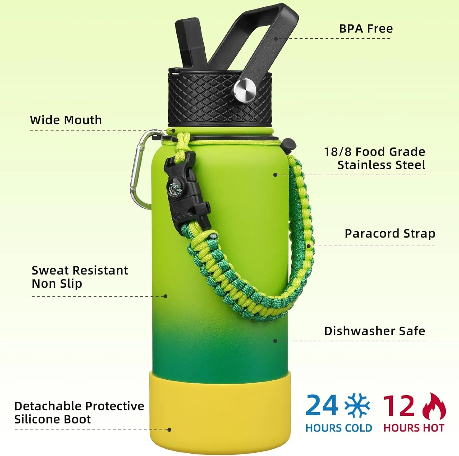 BJPKPK 32oz Insulated Water Bottles with 3 Lids, Paracord Handle & Non-slip Boot, Stainless Steel Metal Water Bottle,Reusable BPA Free Thermos, Tumblers, Bamboo Grove