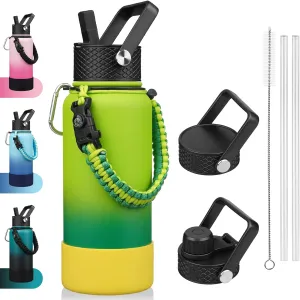 BJPKPK 32oz Insulated Water Bottles with 3 Lids, Paracord Handle & Non-slip Boot, Stainless Steel Metal Water Bottle,Reusable BPA Free Thermos, Tumblers, Bamboo Grove