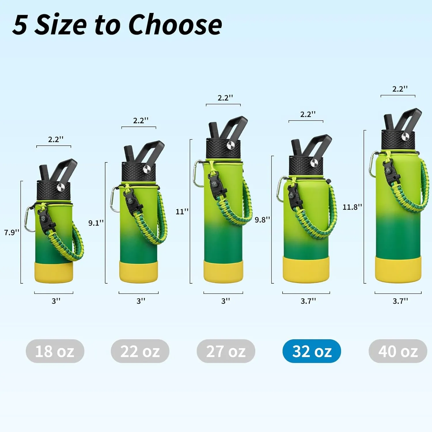BJPKPK 32oz Insulated Water Bottles with 3 Lids, Paracord Handle & Non-slip Boot, Stainless Steel Metal Water Bottle,Reusable BPA Free Thermos, Tumblers, Bamboo Grove