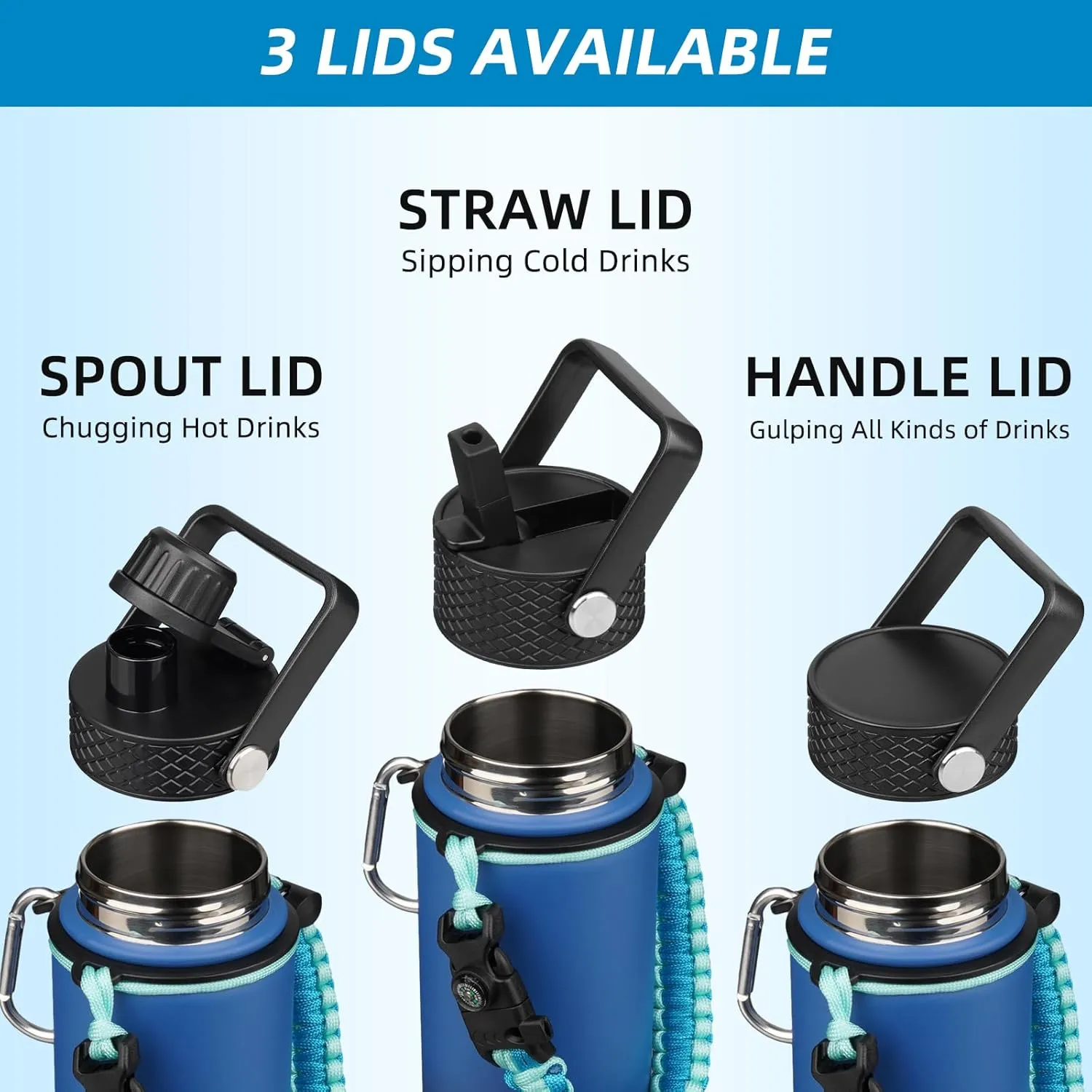 BJPKPK 32oz Insulated Water Bottles with 3 Lids, Paracord Handle & Non-slip Boot, Stainless Steel Metal Water Bottle,Reusable BPA Free Thermos, Tumblers, Bamboo Grove