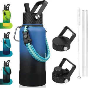BJPKPK 32oz Insulated Water Bottles with 3 Lids, Paracord Handle & Non-slip Boot, Stainless Steel Metal Water Bottle,Reusable BPA Free Thermos, Tumblers, Blue Black