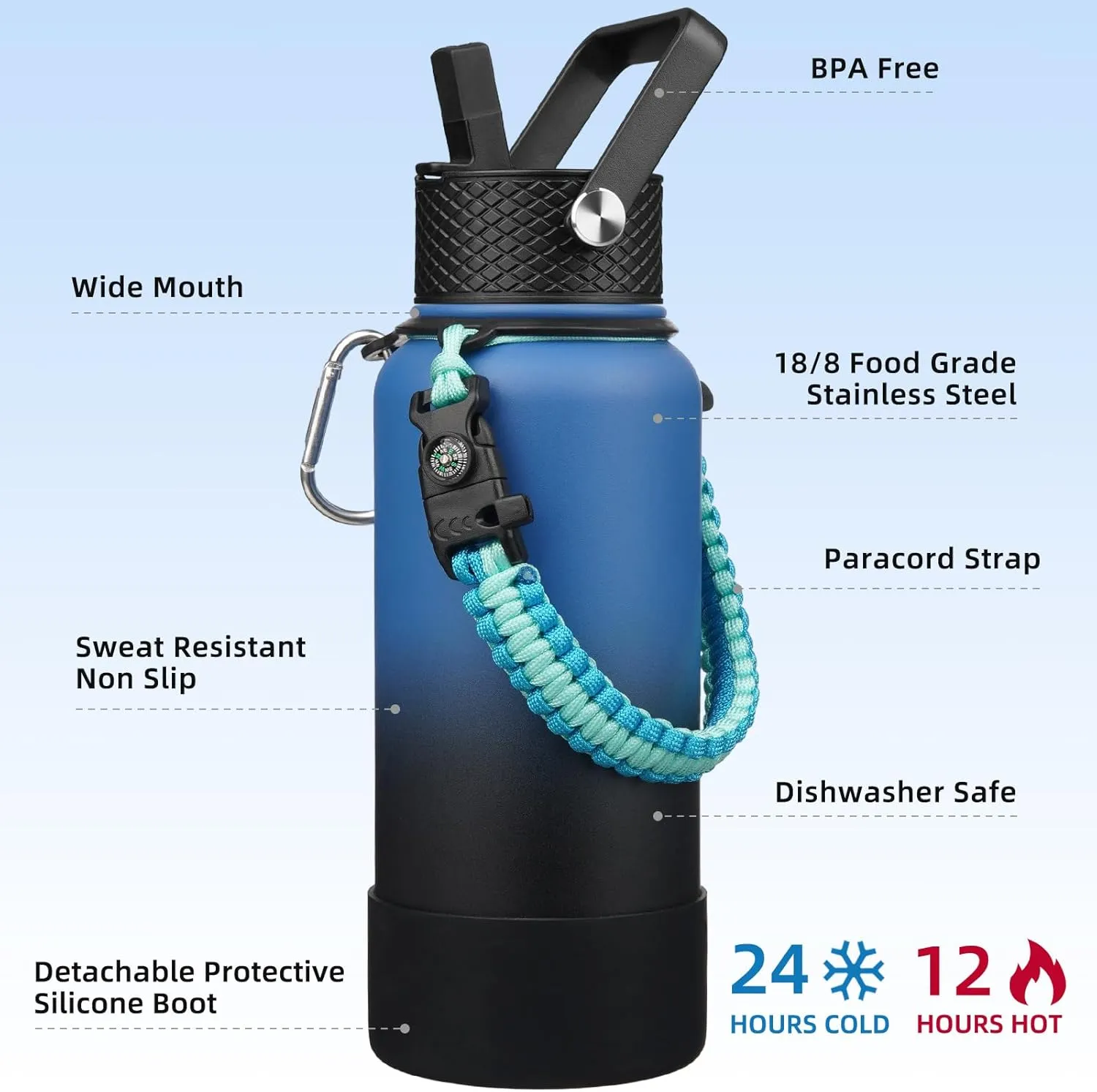 BJPKPK 32oz Insulated Water Bottles with 3 Lids, Paracord Handle & Non-slip Boot, Stainless Steel Metal Water Bottle,Reusable BPA Free Thermos, Tumblers, Blue Black