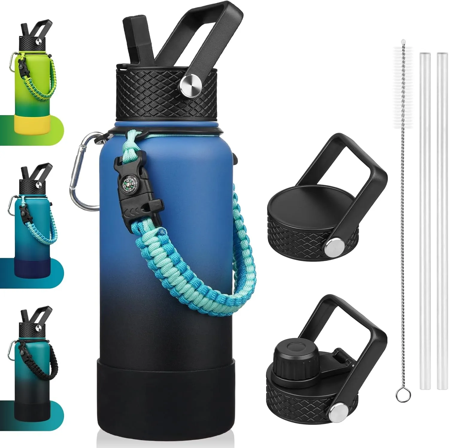 BJPKPK 32oz Insulated Water Bottles with 3 Lids, Paracord Handle & Non-slip Boot, Stainless Steel Metal Water Bottle,Reusable BPA Free Thermos, Tumblers, Blue Black