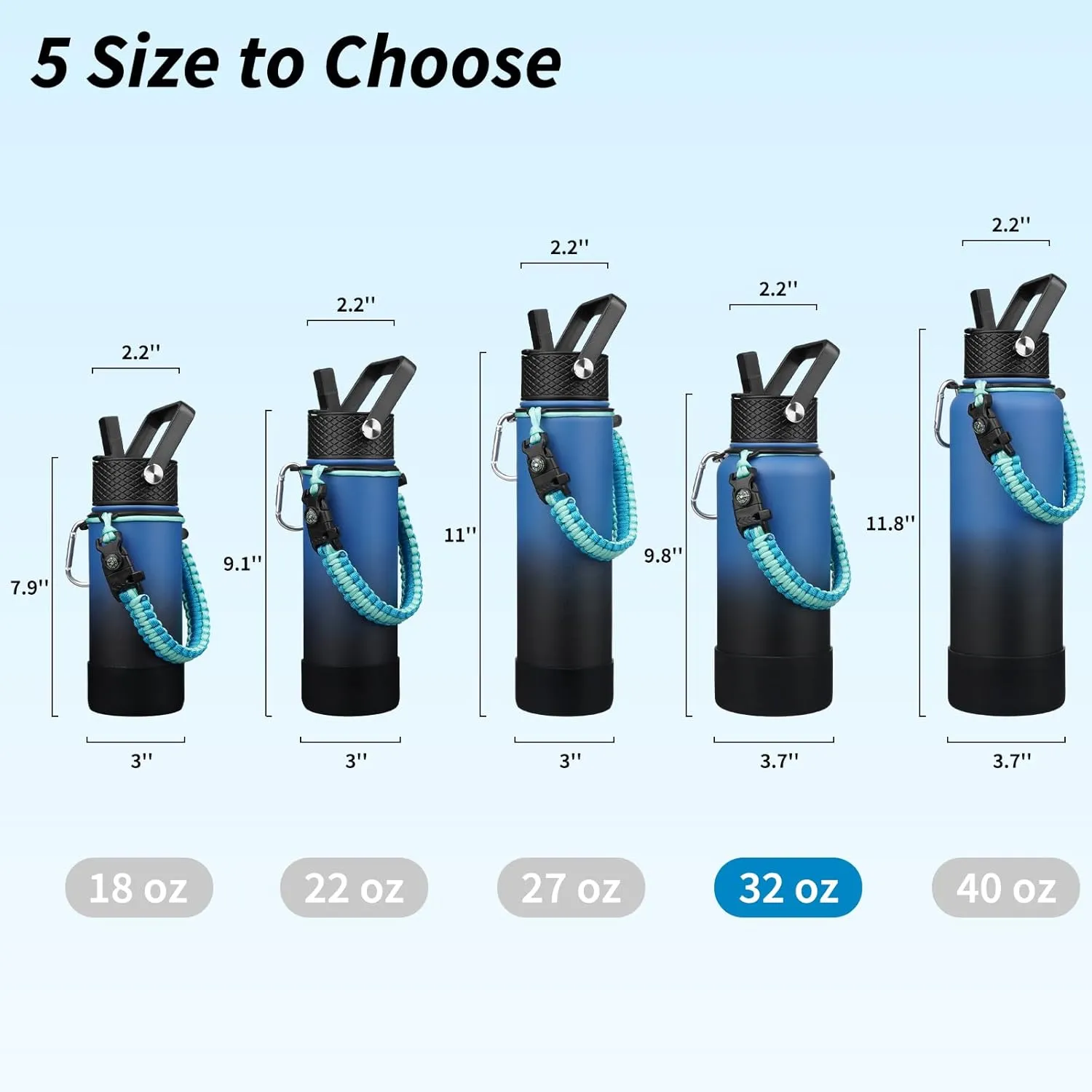 BJPKPK 32oz Insulated Water Bottles with 3 Lids, Paracord Handle & Non-slip Boot, Stainless Steel Metal Water Bottle,Reusable BPA Free Thermos, Tumblers, Blue Black