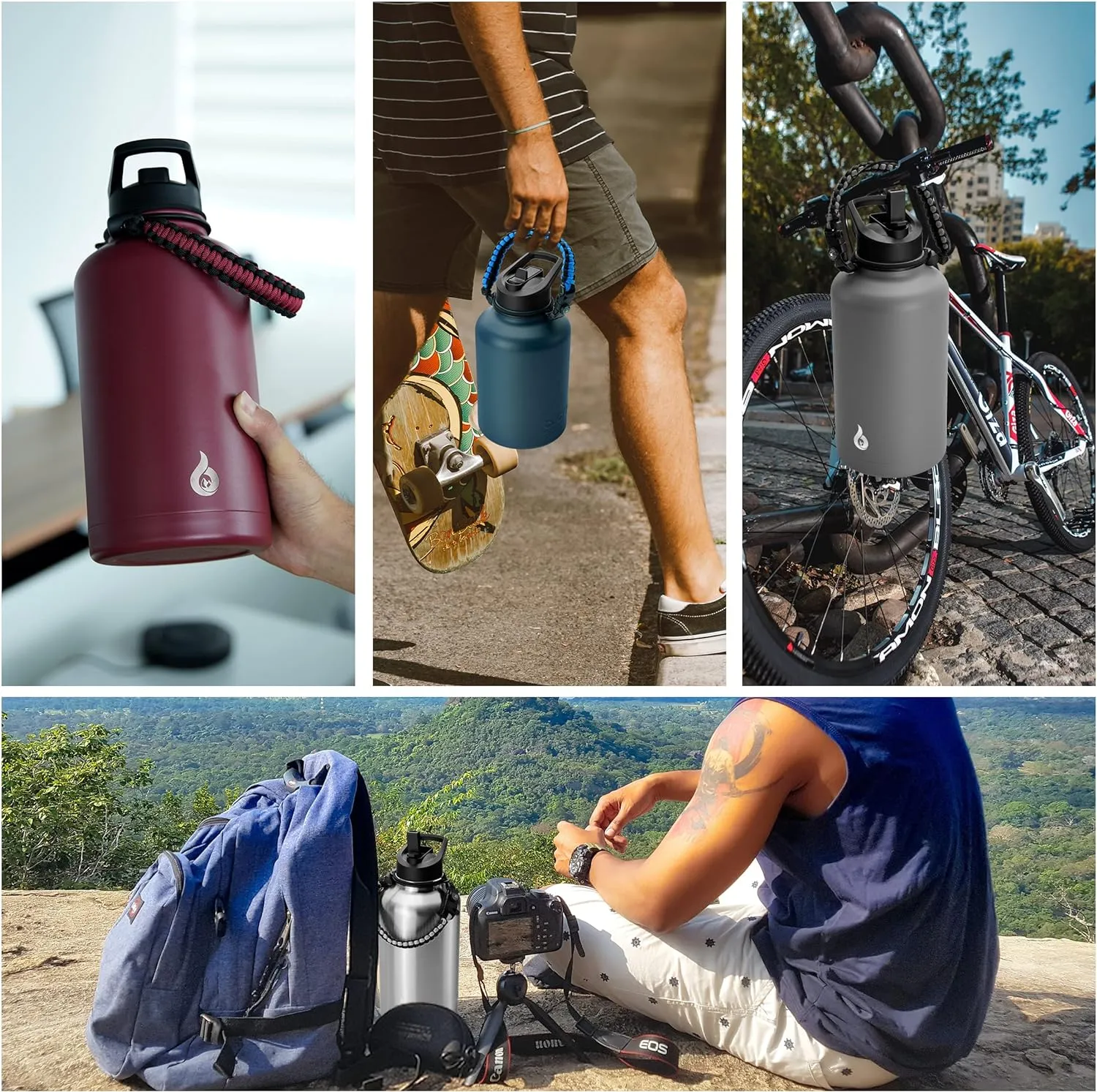 BJPKPK Half Gallon Insulated Water Bottles with Straw Lid, 64oz Large Water Jug, Stainless Steel Bottles with 3 Lids and Paracord Handle, Thermos for Hot & Cold Liquid, Brick Red