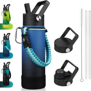 BJPKPK Insulated Water Bottle with Straw Lid, 22oz Thermos Water Bottles with 3 Lids, Paracord Handle & Non-slip Boot, BPA Free Leak Proof Stainless Steel Tumblers,Blue Black