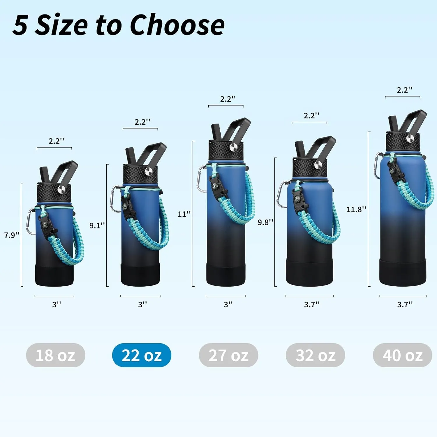 BJPKPK Insulated Water Bottle with Straw Lid, 22oz Thermos Water Bottles with 3 Lids, Paracord Handle & Non-slip Boot, BPA Free Leak Proof Stainless Steel Tumblers,Blue Black