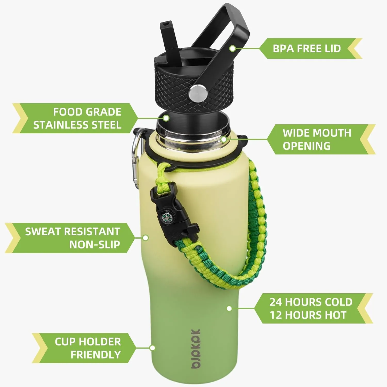 BJPKPK Insulated Water Bottles with Straw Lid, 23oz Metal Water Bottle with 2 lids & Paracord Strap, Double Wall Stainless Steel Vacuum Tumblers, Cups, Mugs, Thermos for Hot& Cold Drinks, Fresh Green