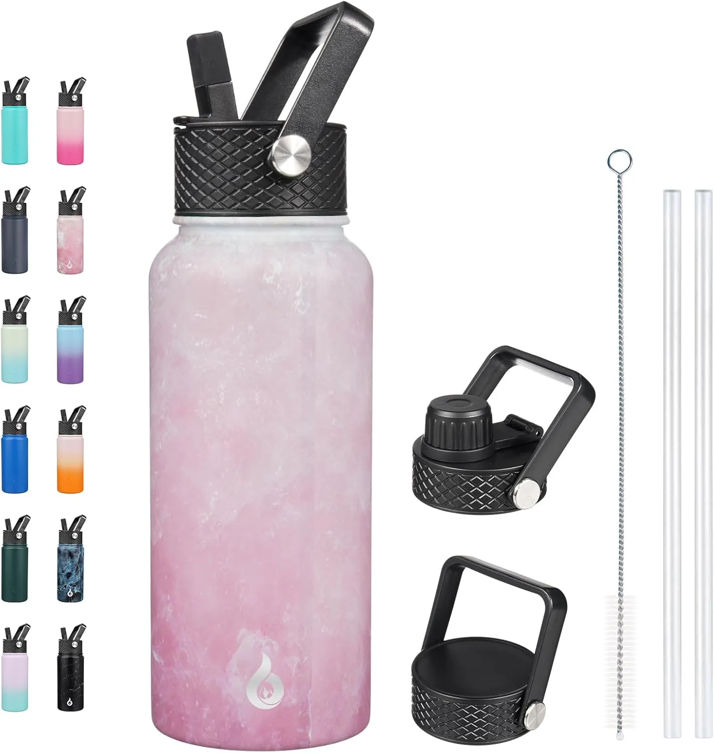 BJPKPK Insulated Water Bottles with Straw Lid, 32oz Metal Large Water Bottle with 3 Lids, Reusable Leak Proof BPA Free Thermos, Stainless Steel Tumblers for Sports, Gym, Travel-Blossom
