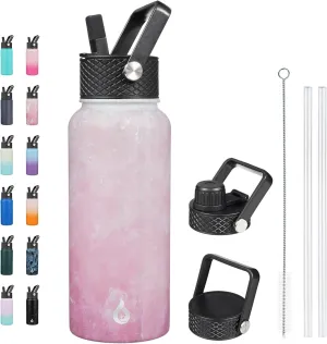BJPKPK Insulated Water Bottles with Straw Lid, 32oz Metal Large Water Bottle with 3 Lids, Reusable Leak Proof BPA Free Thermos, Stainless Steel Tumblers for Sports, Gym, Travel-Blossom
