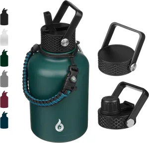 BJPKPK Insulated Water Bottles with Straw Lid, 50oz Large Water Jug, Stainless Steel Vacuum Bottles, Hot & Cold Thermos with 3 Lids and Paracord Handle,Army Green
