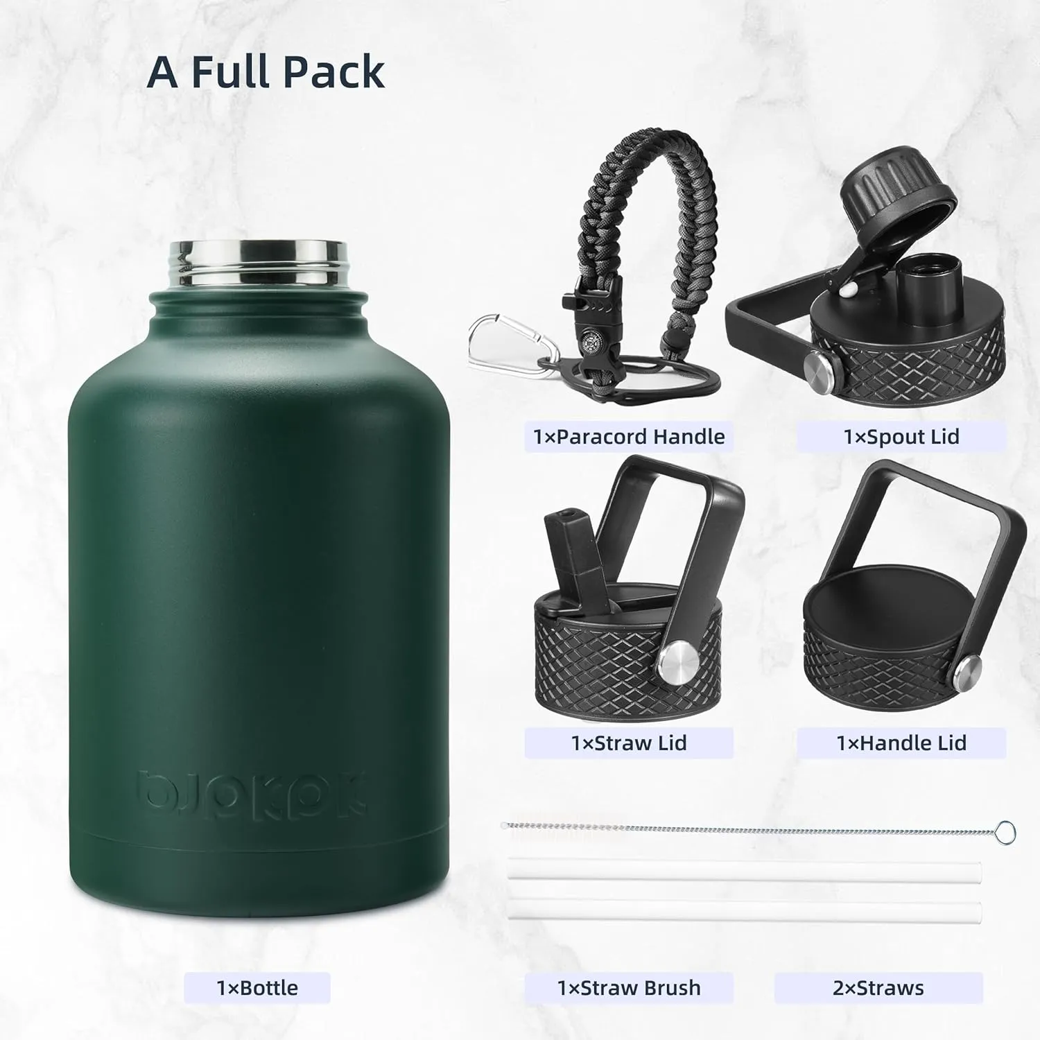 BJPKPK Insulated Water Bottles with Straw Lid, 50oz Large Water Jug, Stainless Steel Vacuum Bottles, Hot & Cold Thermos with 3 Lids and Paracord Handle,Army Green