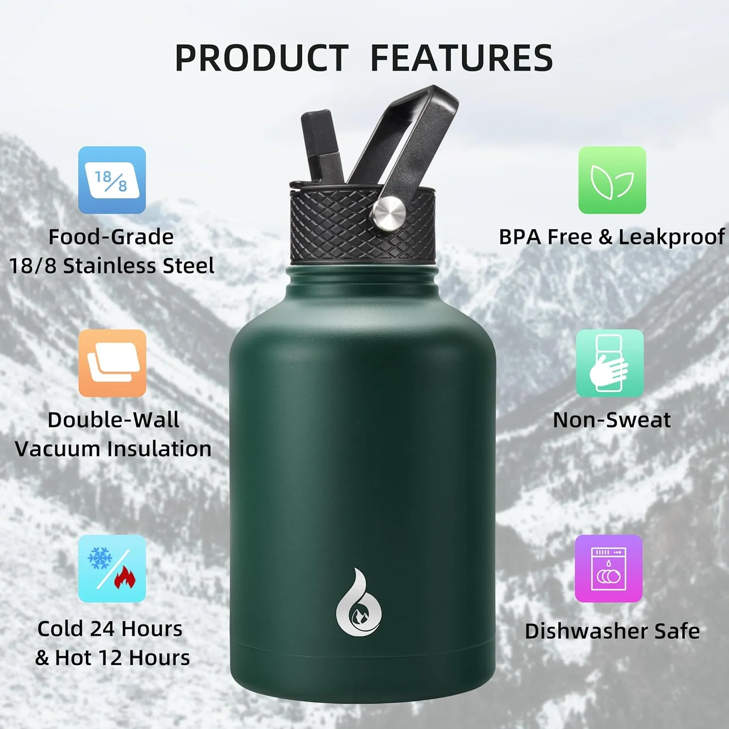 BJPKPK Insulated Water Bottles with Straw Lid, 50oz Large Water Jug, Stainless Steel Vacuum Bottles, Hot & Cold Thermos with 3 Lids and Paracord Handle,Army Green