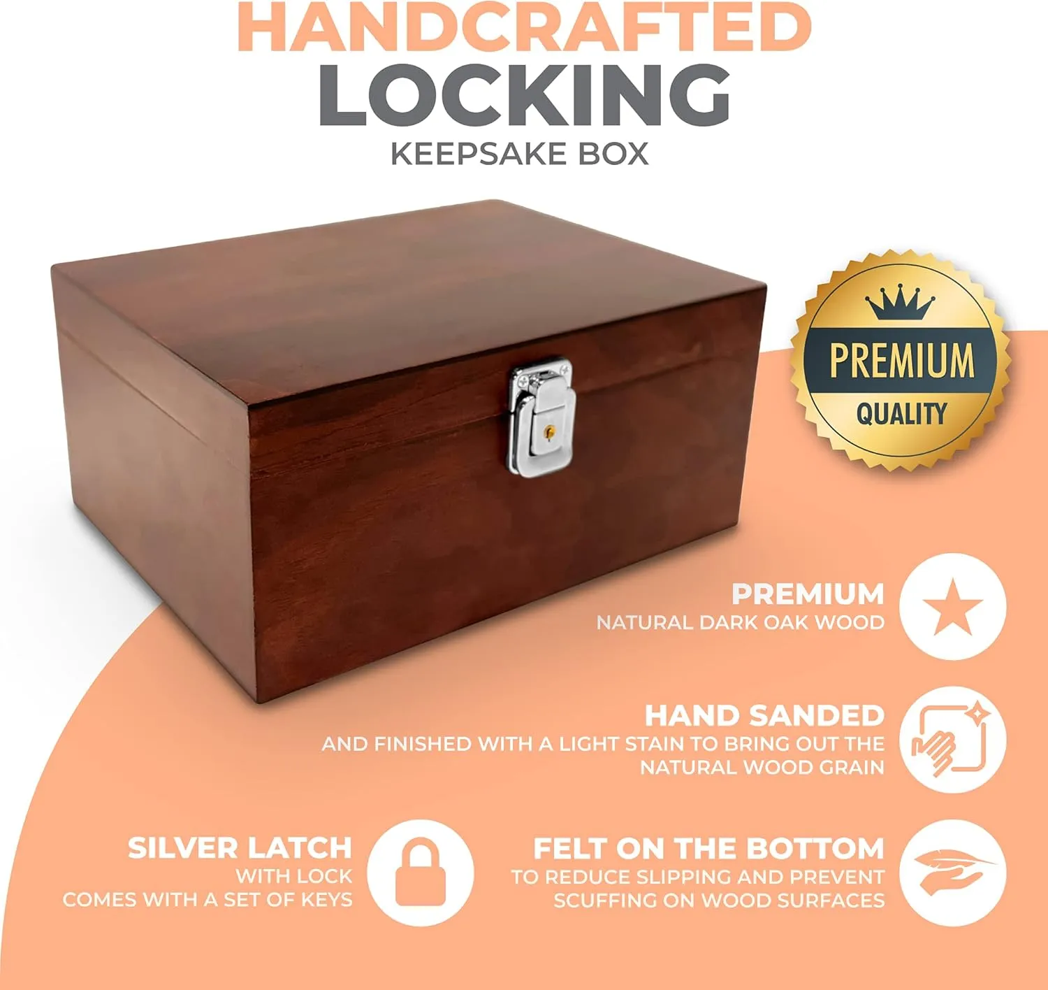 Blake & Lake Locking Wood Storage Box - Decorative box for Home or Office - Wooden Box with Hinged Lid Keepsake Box with Lock Oak Box for Home (Dark Oak)
