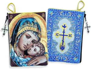 Blessed Sweet Kissing Madonna and Child Icon Cloth Tapestry Rosary Zipper Close Pouch